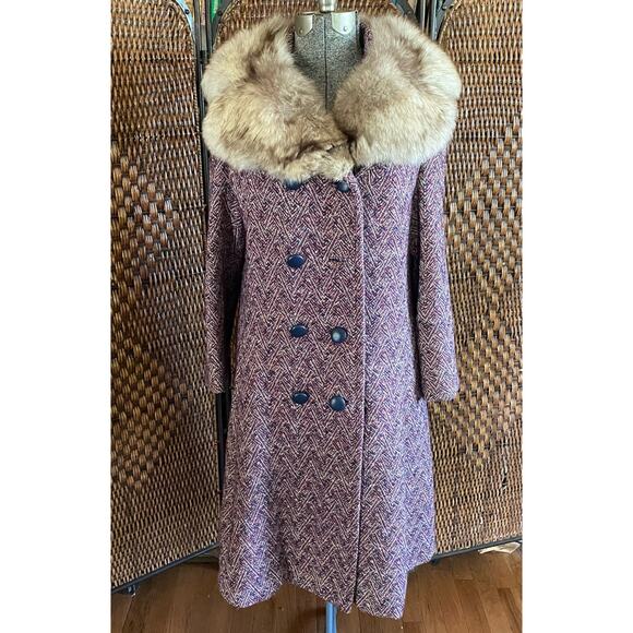 Size L//Vintage 60s Purple Tweed Princess Coat with Rabbit Fur Collar - Picture 1 of 7
